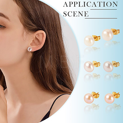 6Pcs 3 Colors Natural Cultured Freshwater Pearl Stud Earrings EJEW-TAC00027-1