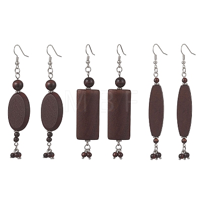 3 Pairs 3 Styles Wood Dangle Earrings EJEW-JE06996-1
