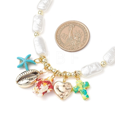 Dyed Synthetic Turquoise Turtle Cross Starfish and Electroplated Shell Pendant ABS Plastic Imitation Pearl Rectangle Beaded Necklaces for Women NJEW-JN05792-1
