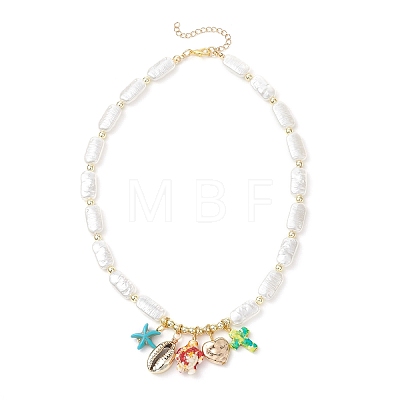 Dyed Synthetic Turquoise Turtle Cross Starfish and Electroplated Shell Pendant ABS Plastic Imitation Pearl Rectangle Beaded Necklaces for Women NJEW-JN05792-1