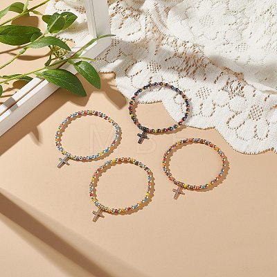 4Pcs 4 Color Glass & Synthetic Hematite Round Beaded Stretch Bracelets Set BJEW-JB08944-1