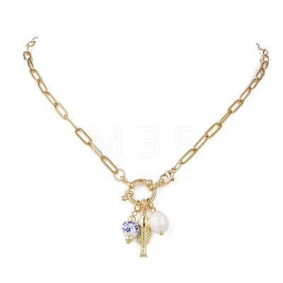White and Blue Porcelain Round & 304 Stainless Steel Fish & Imitation Pearl Pendant Necklaces for Women NJEW-JN05650-1