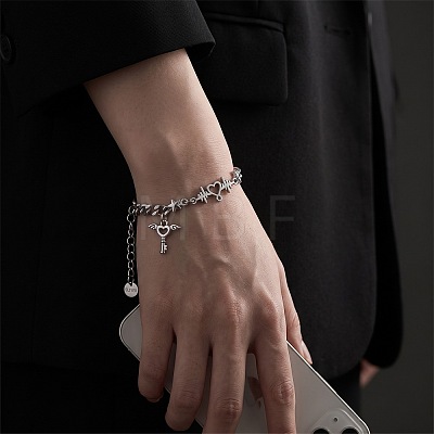 201 Stainless Steel Heart Key with Angel Wings Charm Bracelets for Men Women WG5D024-01-1