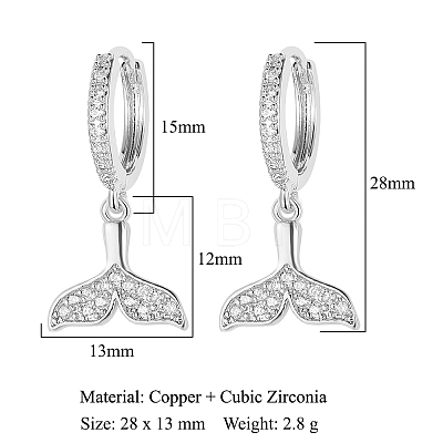 Clear Cubic Zirconia Whale Tail Dangle Hoop Earrings EJEW-OY001-19P-1
