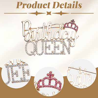 2Pcs Birthday Queen Rhinestone Pins JEWB-SP0001-11G-1