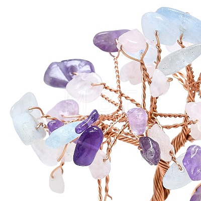 Natural Mixed Gemstone Chips Tree of Life Decorations with Cat Display Decorations DJEW-K025-03C-1