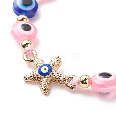 Evil Eye Resin Bead & Starfish Alloy Rhinestone Braided Beaded Bracelets for Girl Women BJEW-JB08740-05-1