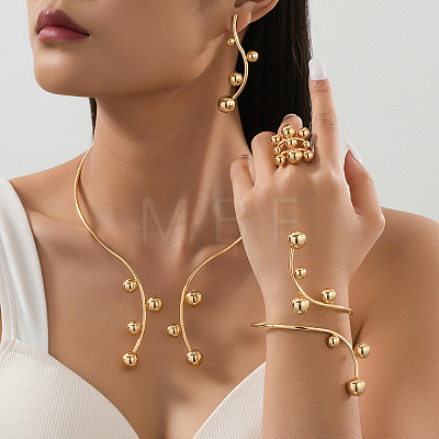 Iron Round Beaded Collar & Stud Earrings & Cuff Bangles & Rings Sets FS-WG833C7-01-1