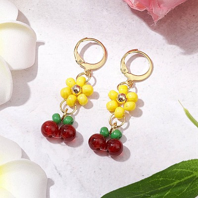 Natural Carnelian Beads & Glass Seed Dangle Hoop Earrings EJEW-MZ00309-04-1