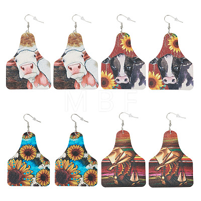 4 Pairs 4 Styles Cattle with Sunflower PU Imitation Leather Cow Tag Dangle Earrings for Women EJEW-TA0001-07-1