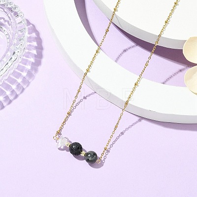 Round Natural Lava Rock & Larvikite & Natural Quartz Crystal Chip Beaded Pendant 304 Stainless Steel Satellite Chain Necklaces for Women NJEW-JN06158-01-1