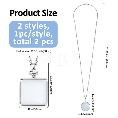 2Pcs 2 Styles Alloy Square Flat Round Locket Pendant Necklaces NJEW-FH0001-33-1