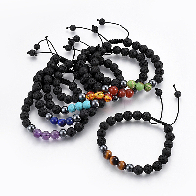 Natural Lava Rock and Non-Magnetic Synthetic Hematite Beads Braided Bead Bracelets BJEW-JB03975-1