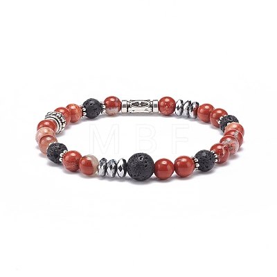 Natural Lava Rock & Mixed Gemstone Stretch Bracelet with Alloy Column Beaded BJEW-JB08731-1