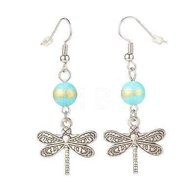 Round Natural Mashan Jade with Alloy Dragonfly Dangle Earrings EJEW-JE04855-05-1
