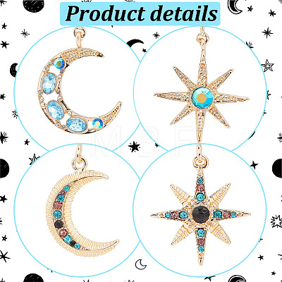 2 Sets 2 Styles Colorful Rhinestone Moon & Star Asymmetrical Earrings EJEW-FI0001-22-1