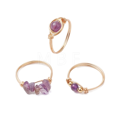 3Pcs 3 Styles Natural Rose Quartz & Amethyst & Green Aventurine Finger Rings RJEW-JR00745-1