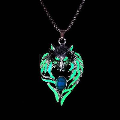 Luminous Glow In The Dark Enamel Wolf Pendant Necklace with Synthetic Turquoise Beaded LUMI-PW0006-66B-1