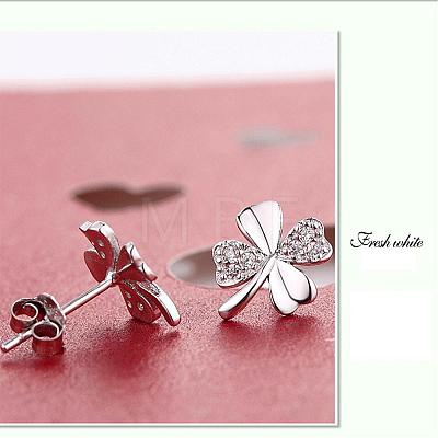 Real Platinum Plated Brass Four Leaf Clover Stud Earrings EJEW-EE0001-231-1