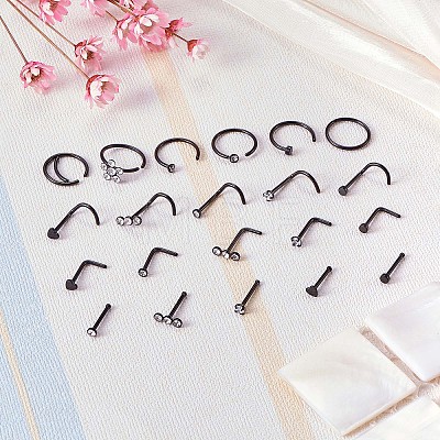 21Pcs 21 Style Clear Cubic Zirconia Flower & Flat Round & Heart Nose Studs & Rings Set JX527D-1