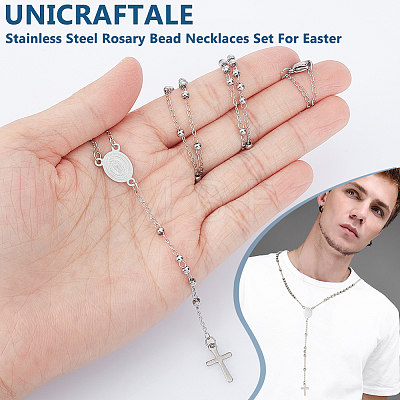 Unicraftale 2Pcs 304 Stainless Steel Rosary Bead Necklaces Set For Easter NJEW-UN0001-43-1