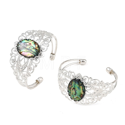 Oval Natural Paua Shell Brass Hollow Floral Cuff Bangles for Women BJEW-JB14503-02-1