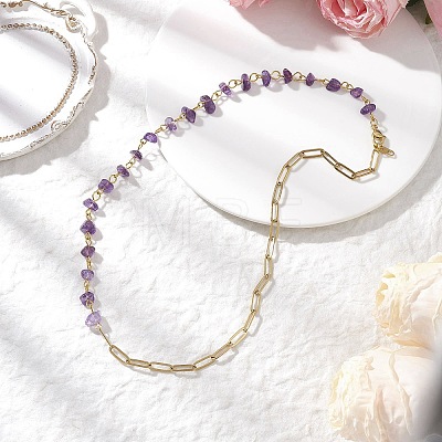 Handmade Natural Amethyst Chip Beads & 304 Stainless Steel Paperclip Chain Necklaces NJEW-JN05499-01-1