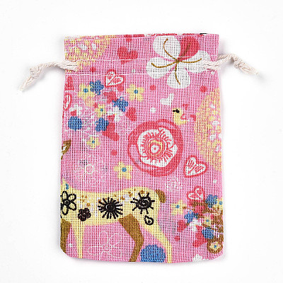 Flower Deer Printed Polycotton(Polyester Cotton) Packing Pouches Drawstring Bags ABAG-T004-10x14-35-1