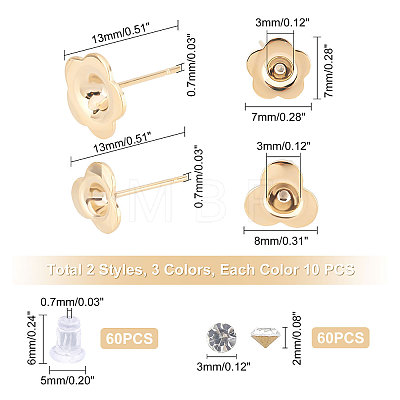 Unicraftale 60Pcs 6 Colors Flower 304 Stainless Steel Stud Earring Findings DIY-UN0002-77-1