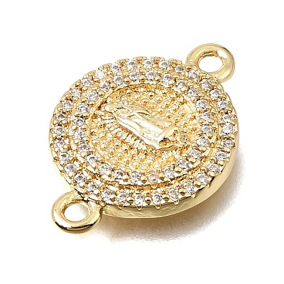 Brass Micro Pave Clear Cubic Zirconia Religion Flat Round Connector Charms KK-E802-31A-G-1