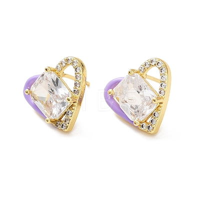 Clear Cubic Zirconia Heart Stud Earrings with Enamel EJEW-C027-04G-1