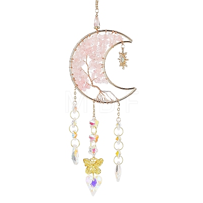 Moon with Tree of Life Natural Rose Quartz Chip Pendant Decorations AJEW-Q143-06-1