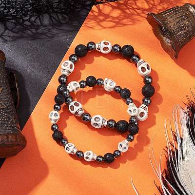 2Pcs Halloween Skull Synthetic Turquoise & Round Lava Rock & Synthetic Non-Magnetic Hematite Beaded Stretch Bracelet Sets for Women BJEW-JB10656-1