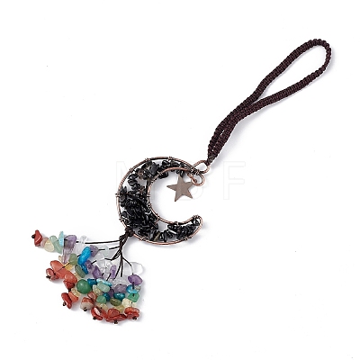 Natural Black Agate Moon with Mixed Gemstone Chips Tassel Pendant Decorations G-L524-07R-A01-1