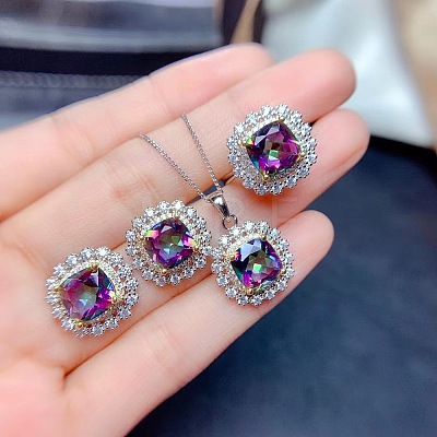 Square Alloy Rhinestone Pendant Necklace & Stud Earring & Finger Ring Sets WG30FCB-02-1