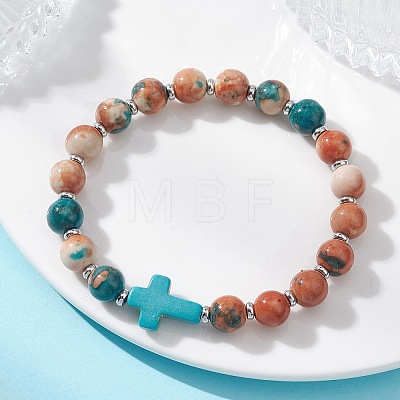 Dyed & Heated Synthetic Fossil & Dyed Turquoise Beads Stretch Bracelets for Women Men BJEW-JB13690-1