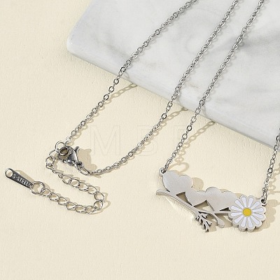 304 Stainless Steel Enamel White Daisy Flower and Heart Pendant Cable Chain Necklaces for Women NJEW-K309-01P-1