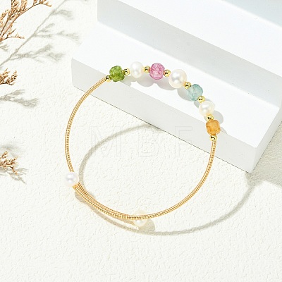 Copper French Wire & Round Natural Multicolor Tourmaline & Cultured Freshwater Pearl Cuff Bangle for Women BJEW-JB13991-1