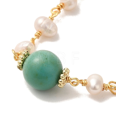 Synthetic Turquoise Round Link Bracelets with Natural Pearl BJEW-C051-14G-1