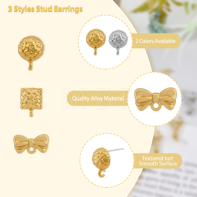 48Pcs 6 Style Half Round & Bowknot & Rectangle Alloy Stud Earring Findings FIND-DC0003-22-1