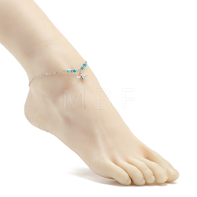 304 Stainless Steel Bees Charm Anklet with Round Natural White Jade Beads for Women AJEW-AN00498-02-1