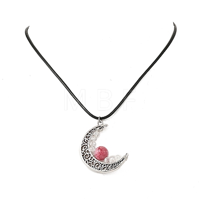 4Pcs 4 Colors Round Natural Dyed Green Jade & Heated Citrine & Hemimorphite & Moonstone Alloy Hollow Moon Pendant Black Waxed Cord Necklaces for Women NJEW-TA00262-1