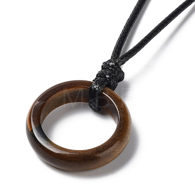 Natural Tiger Eye Ring Pendant Necklace with Waxed Cords NJEW-R262-01B-07-1