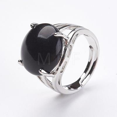 Adjustable Natural Black Agate Finger Rings RJEW-F075-01M-1