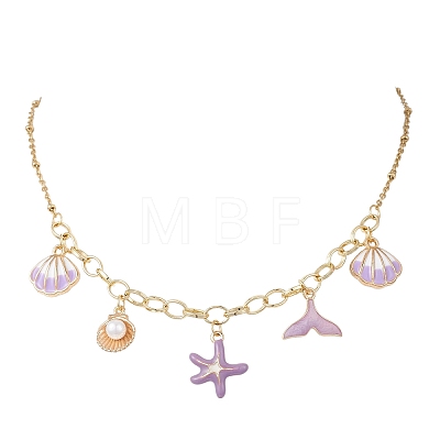 Ocean Alloy Enamel Whale Tail Shell Shape Starfish Pendant Brass Cable Chain and 304 Stainless Steel Satellite Chain Bib Necklaces for Women NJEW-JN05815-03-1
