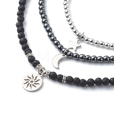 3Pcs 3 Style 304 Stainless Steel Star & Moon & Star Charms Necklaces Set NJEW-JN03979-1
