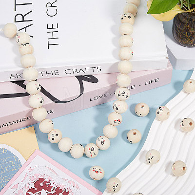 Globleland 60Pcs 6 Styles Unfinished Natural Wood Printed Beads WOOD-GL0001-13A-1