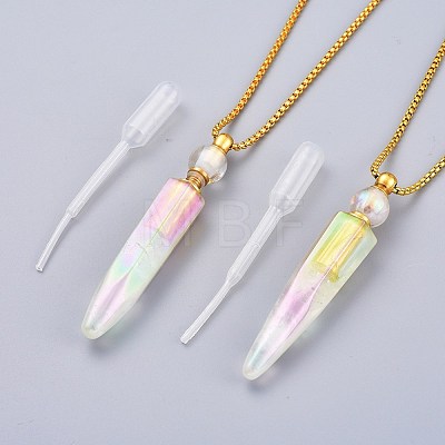 Electroplate Natural Quartz Crystal Perfume Bottle Pendant Necklaces NJEW-I239-01-1
