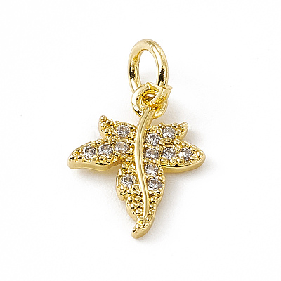 Brass Micro Pave Clear Cubic Zirconia Maple Leaf Charms ZIRC-F132-44G-1