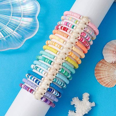 16Pcs 16 Colors Dyed Synthetic Turquoise and Handmade Polymer Clay Beaded Stretch Bracelets Sets BJEW-JB10763-1